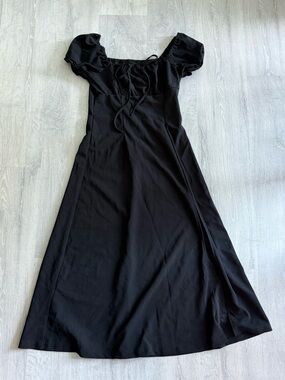 SHEIN Black Puff Sleeve Midi Dress with Tie Front